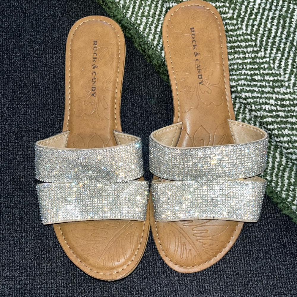 Rock & Candy by ZiGi Champagne & Rhinestone Flats Slides Sandals Size 10
